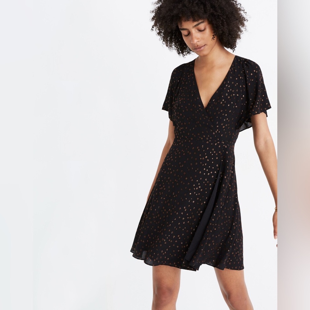 Madewell Cape Sleeve Mini Dress in Metallic Polka Dot Wrap Dress Size 0 XS